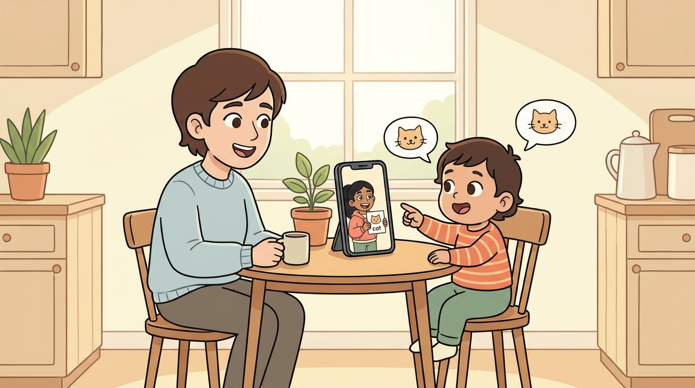 A parent and toddler practicing words together with the app